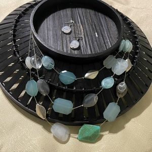 New York & company 3 strand turquoise blue white necklace with matching earrings